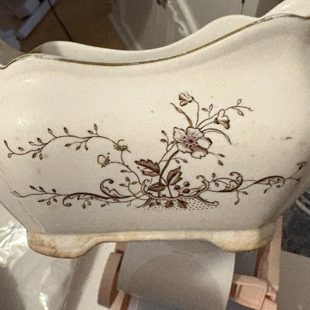 Rufford Pottery England Ironstone Gravy Boat Brown Floral Antique‎ 1890-1910